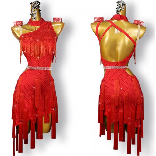 Custom size competition slant neck red latin dance dresses for women girls one shoulder sexy tassels salsa rumba cha cha rhythm dancing  outfits with irregular skirts for woman